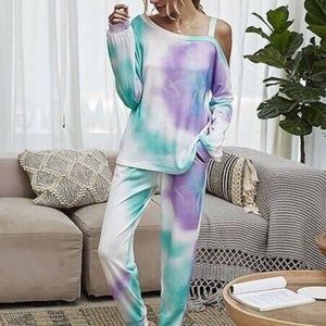 romantichut Green Tie-dye Asymmetrical Cut Out Top And Jogger Size M